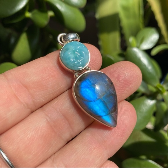 Jewelry - Larimar + blue labradorite carved moon face pendant